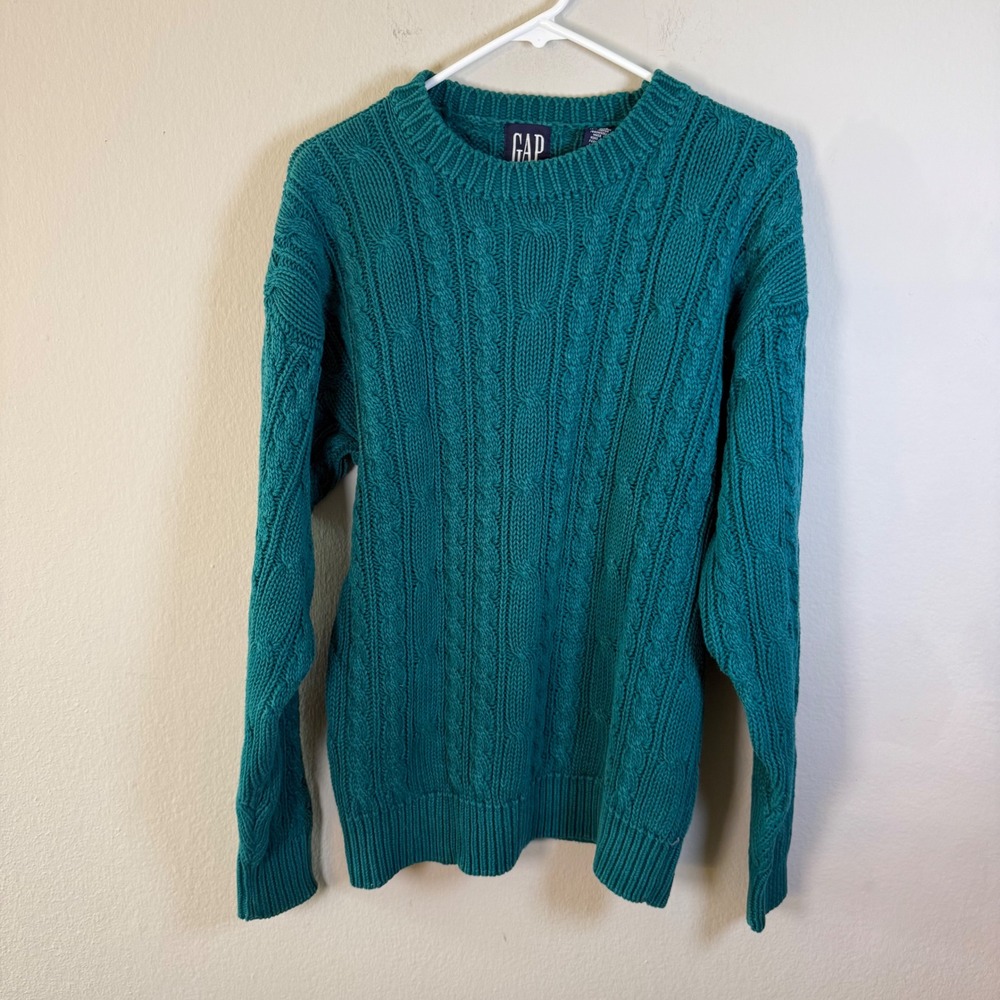 Vintage Gap Teal Cable Knit Sweater Women Medium Ramie blend Crewneck 90s Chunky